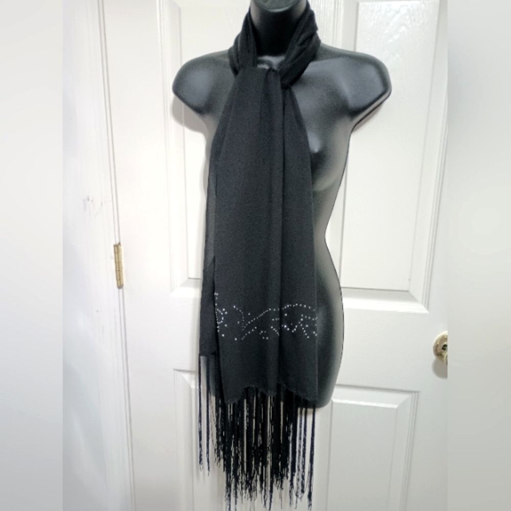 CD Rhinestone Sheer Black Fringe Scarf Unique Stylish Fancy - Picture 12 of 13